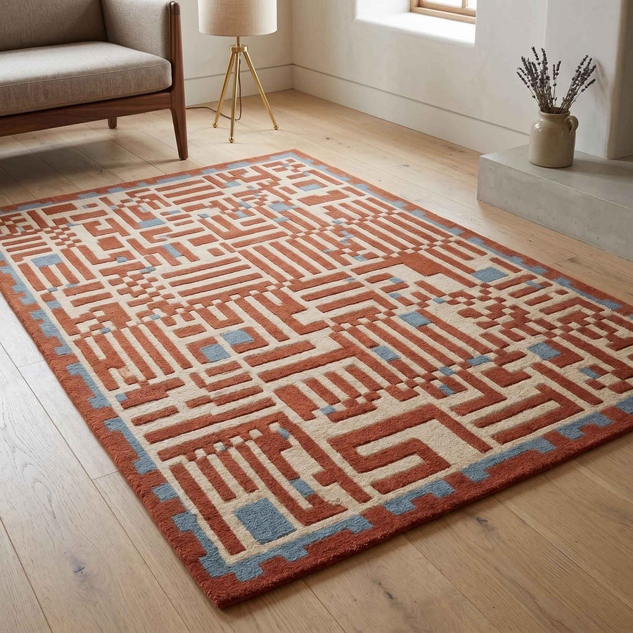 Terracotta Geometric Maze Rug – Hand Tufted Mid Century Wool Rug