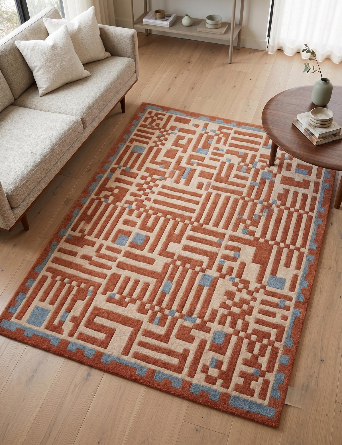 Terracotta Geometric Maze Rug – Hand Tufted Mid Century Wool Rug – image 5