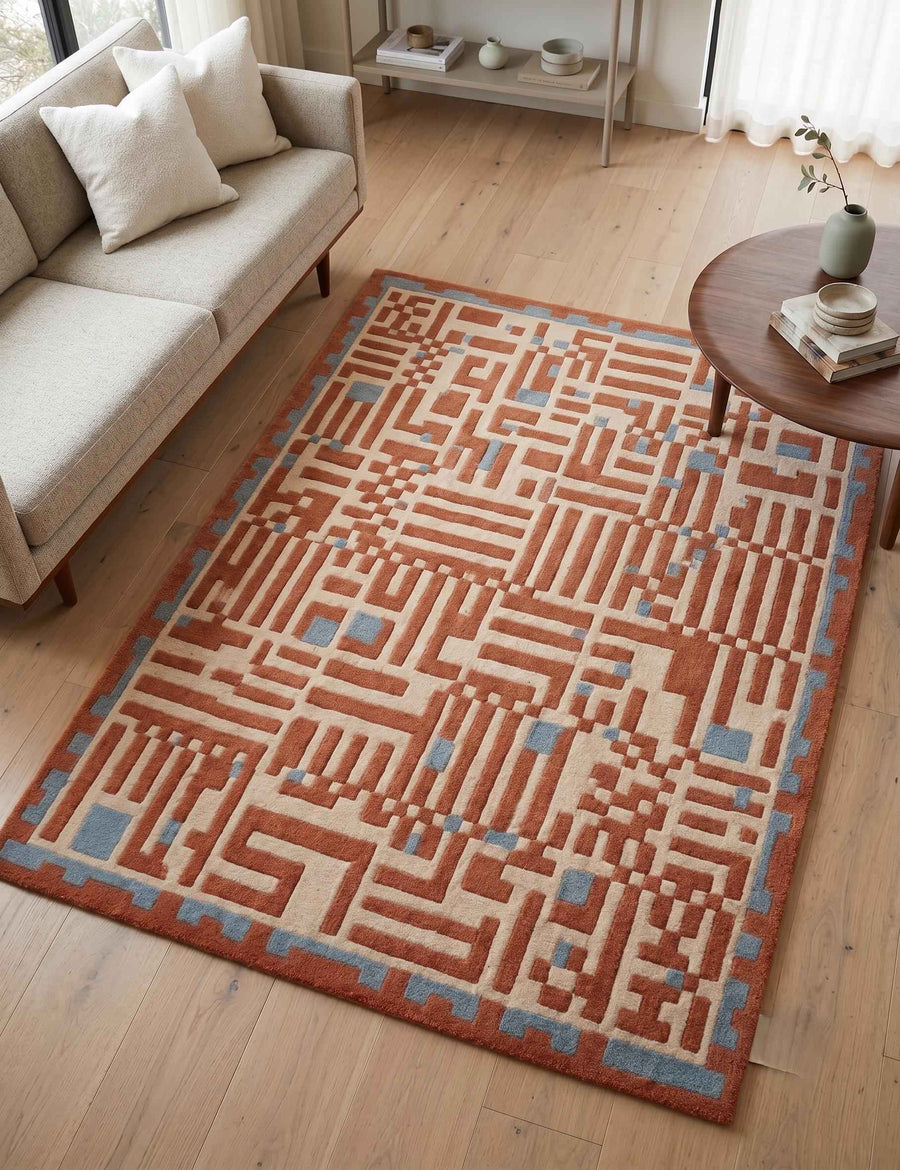 Terracotta Geometric Maze Rug – Hand Tufted Mid Century Wool Rug