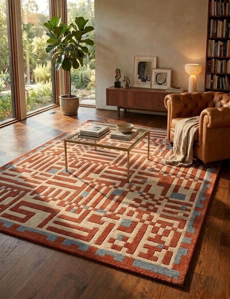 Terracotta Geometric Maze Rug – Hand Tufted Mid Century Wool Rug – image 9