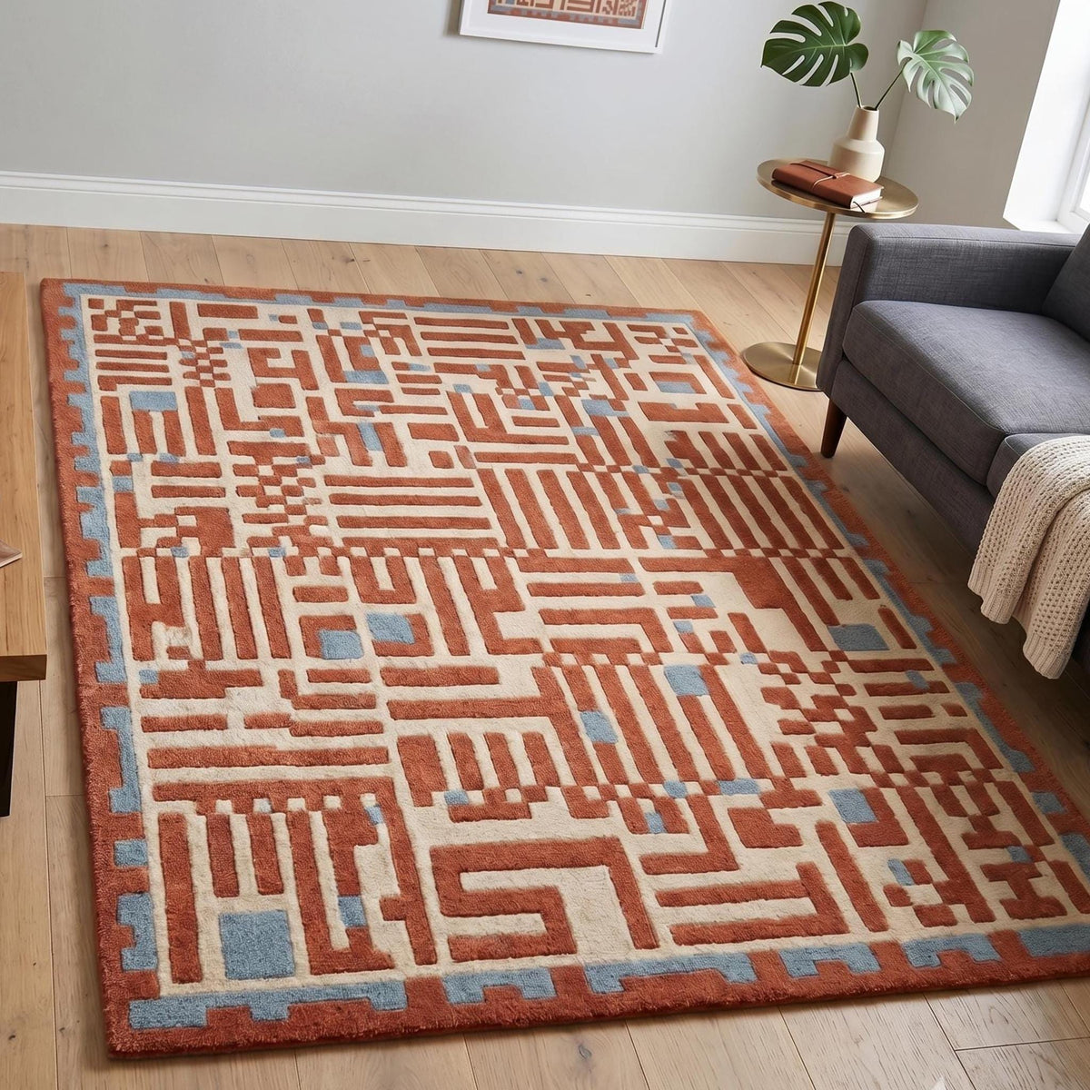 Terracotta Geometric Maze Rug – Hand Tufted Mid Century Wool Rug – image 7