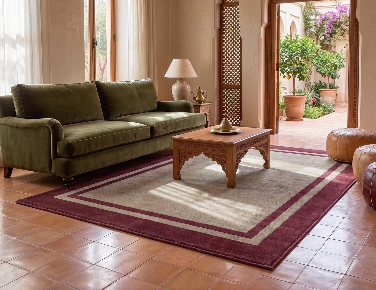 Beige and Burgundy Border Wool Rug – Hand Tufted Minimalist Rug – image 4