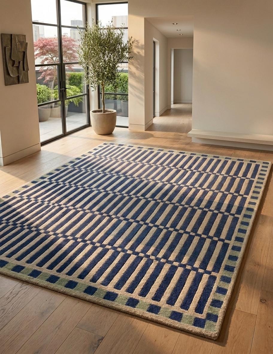 Blue Geometric Wool Rug – Hand Tufted Mid Century Modern Rug – image 8