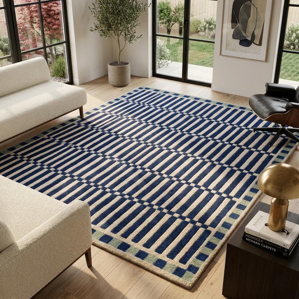 Blue Geometric Wool Rug – Hand Tufted Mid Century Modern Rug – image 2
