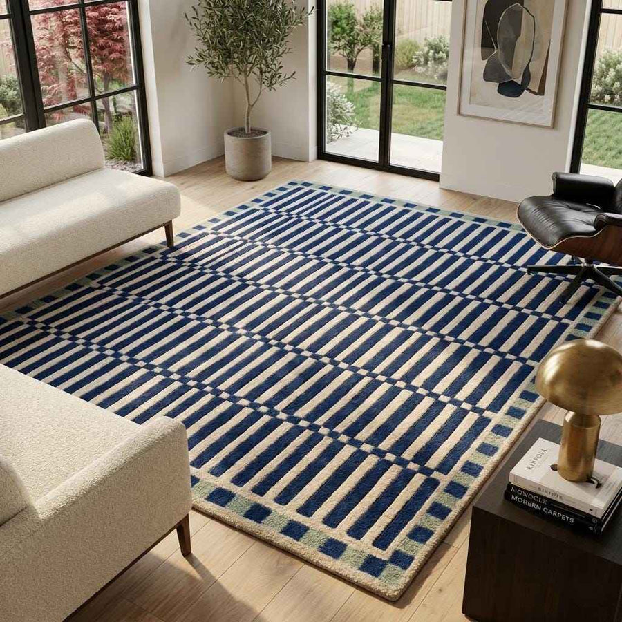 Blue Geometric Wool Rug – Hand Tufted Mid Century Modern Rug