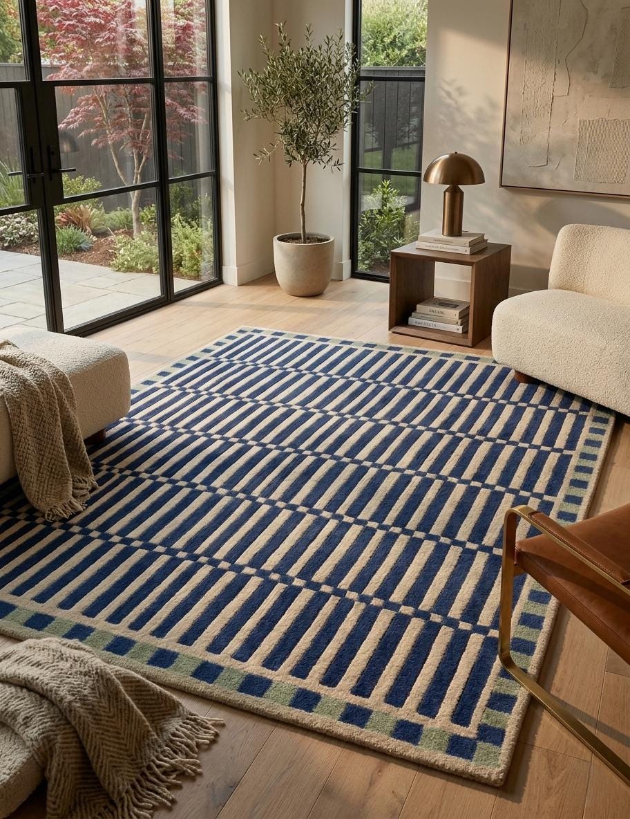 Blue Geometric Wool Rug – Hand Tufted Mid Century Modern Rug – image 3
