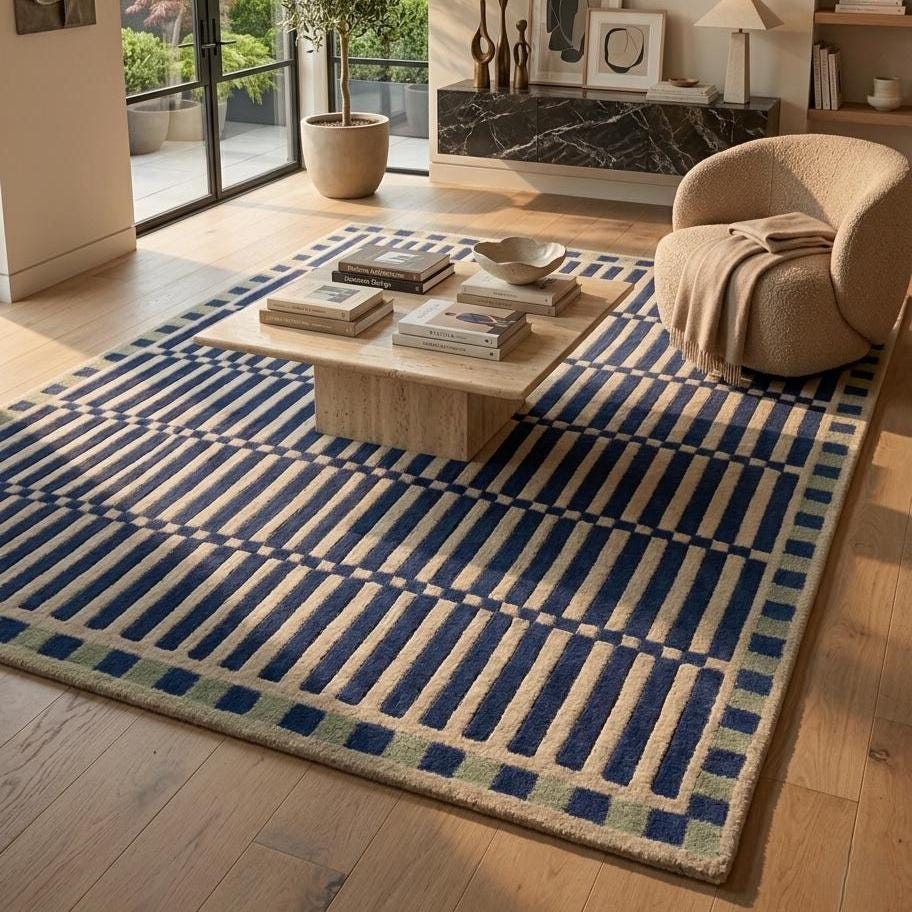 Blue Geometric Wool Rug – Hand Tufted Mid Century Modern Rug – image 1