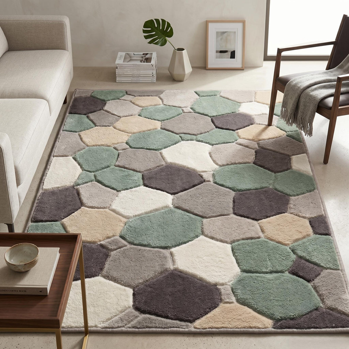 Sage Green Pebble Geometric Wool Rug – Hand Tufted Living Room Rug – image 1