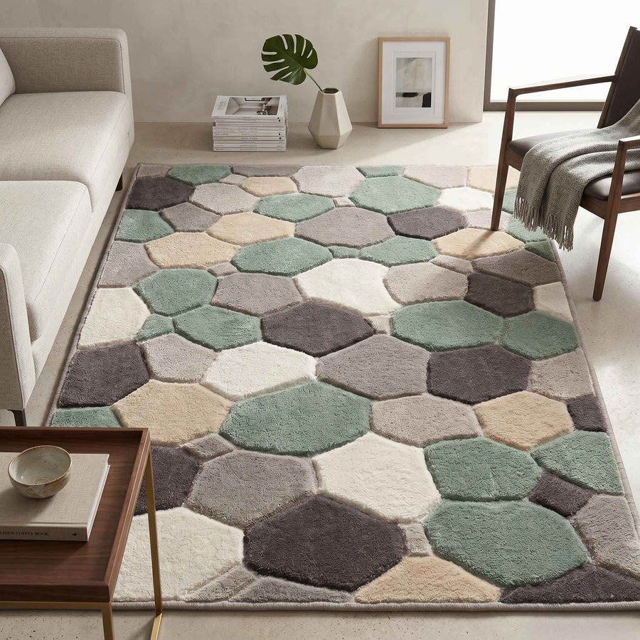 Sage Green Pebble Geometric Wool Rug – Hand Tufted Living Room Rug