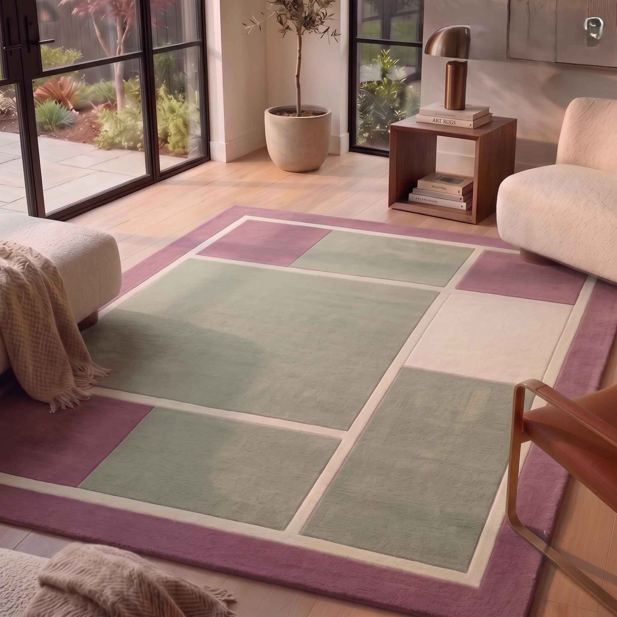 Sage Green Geometric Wool Rug – Hand Tufted Modern Living Room Rug – image 1