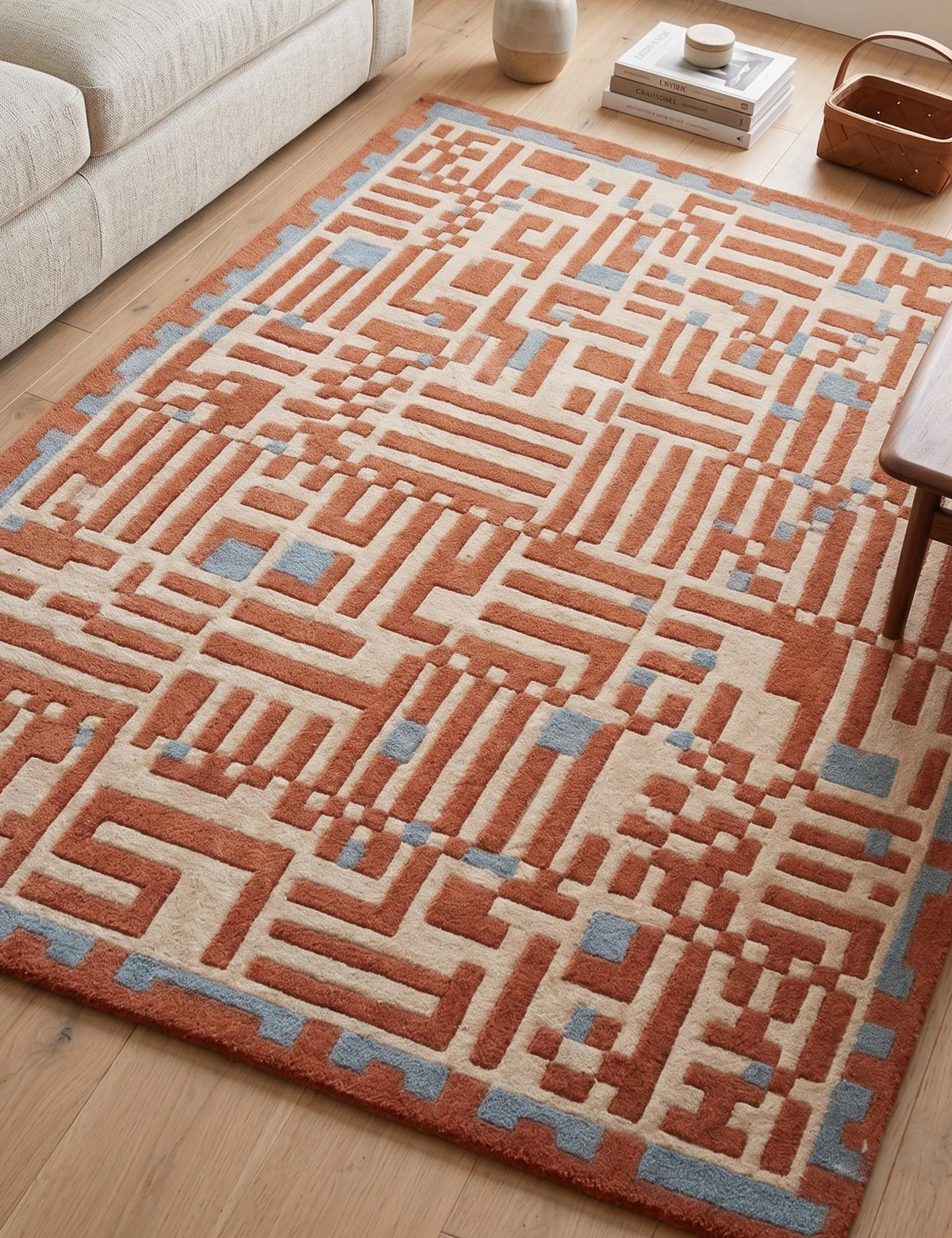 Terracotta Geometric Maze Rug – Hand Tufted Mid Century Wool Rug – image 2