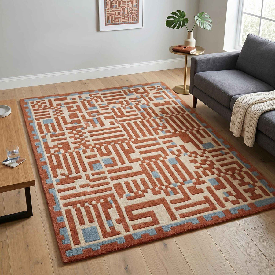 Terracotta Geometric Maze Rug – Hand Tufted Mid Century Wool Rug