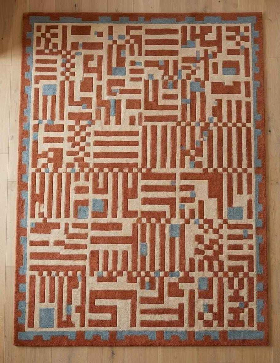 Terracotta Geometric Maze Rug – Hand Tufted Mid Century Wool Rug