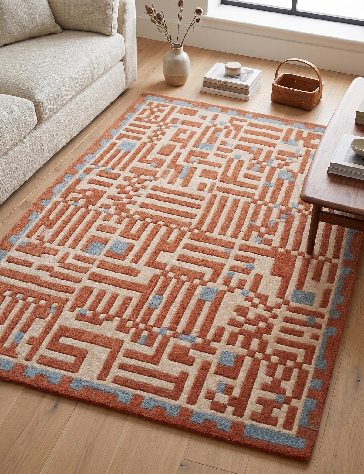 Terracotta Geometric Maze Rug – Hand Tufted Mid Century Wool Rug – image 8