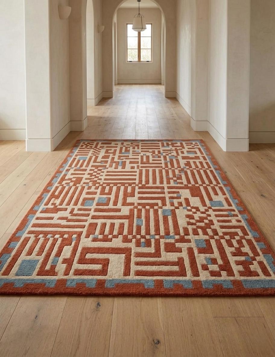 Terracotta Geometric Maze Rug – Hand Tufted Mid Century Wool Rug – image 6