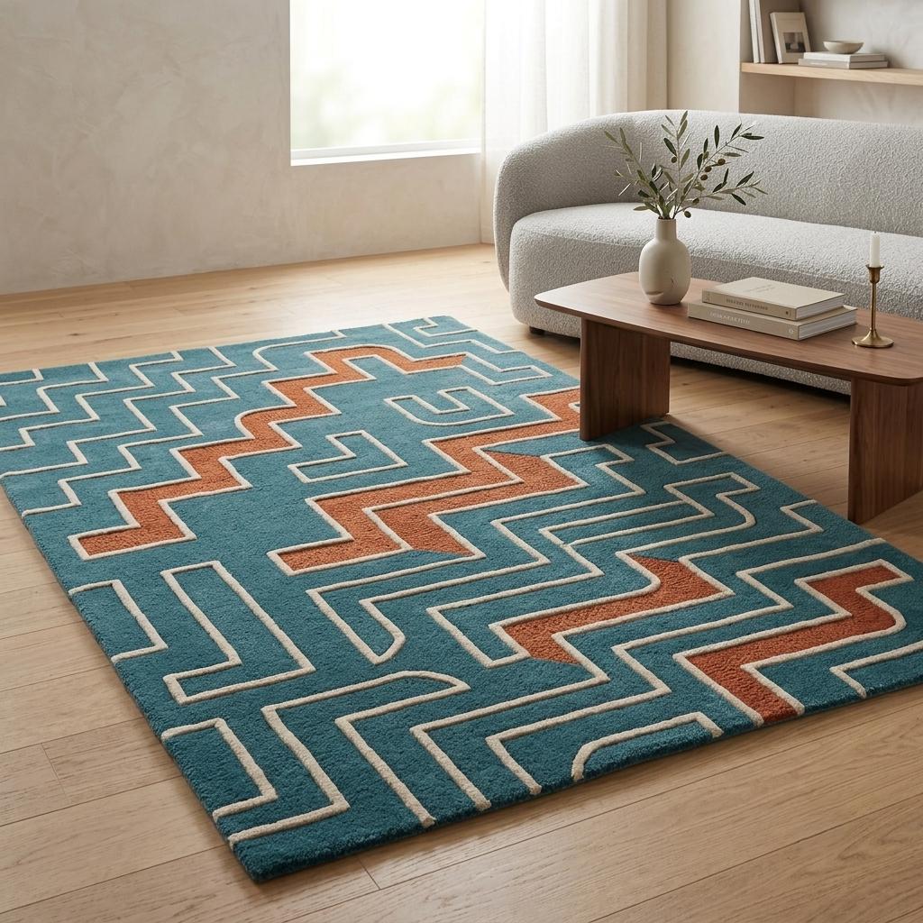 Terracotta and Teal Mid Century Wool Rug – Hand Tufted Retro Rug – image 2