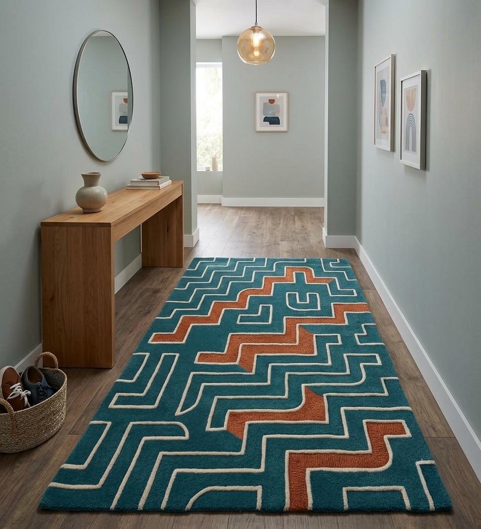 Terracotta and Teal Mid Century Wool Rug – Hand Tufted Retro Rug – image 4