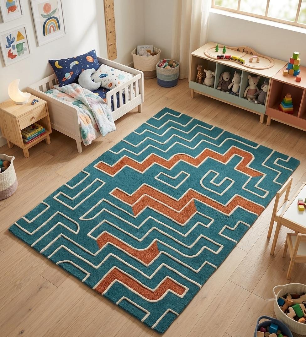 Terracotta and Teal Mid Century Wool Rug – Hand Tufted Retro Rug – image 3