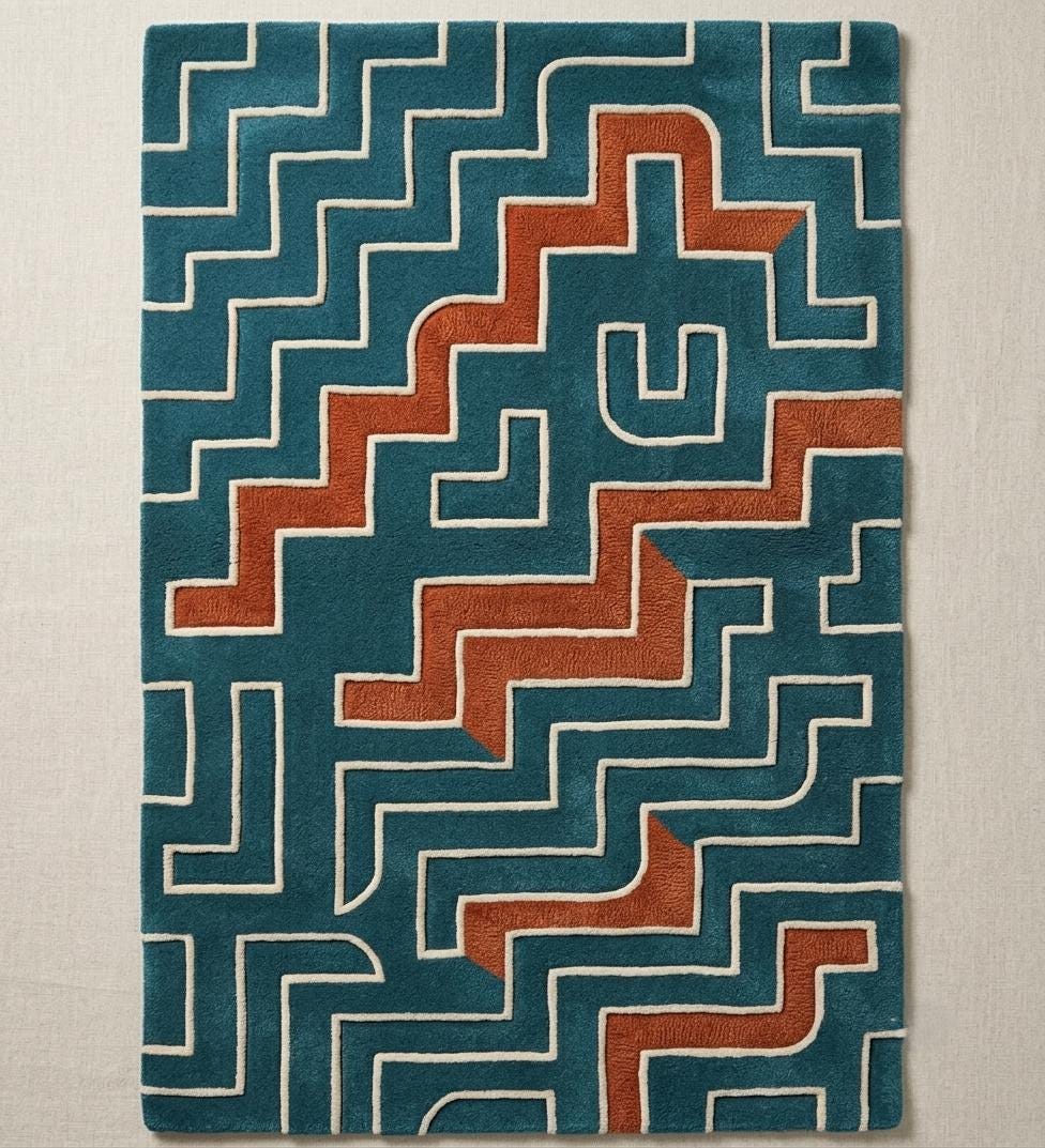 Terracotta and Teal Mid Century Wool Rug – Hand Tufted Retro Rug – image 5