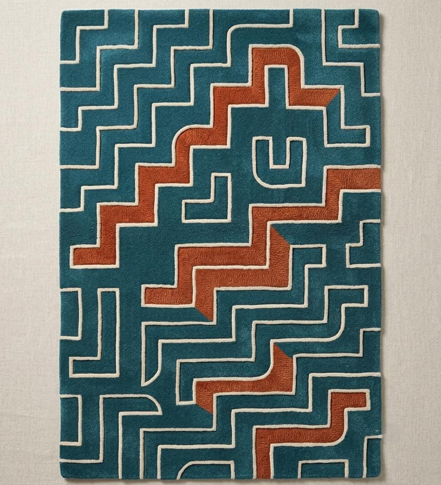 Terracotta and Teal Mid Century Wool Rug – Hand Tufted Retro Rug – image 5