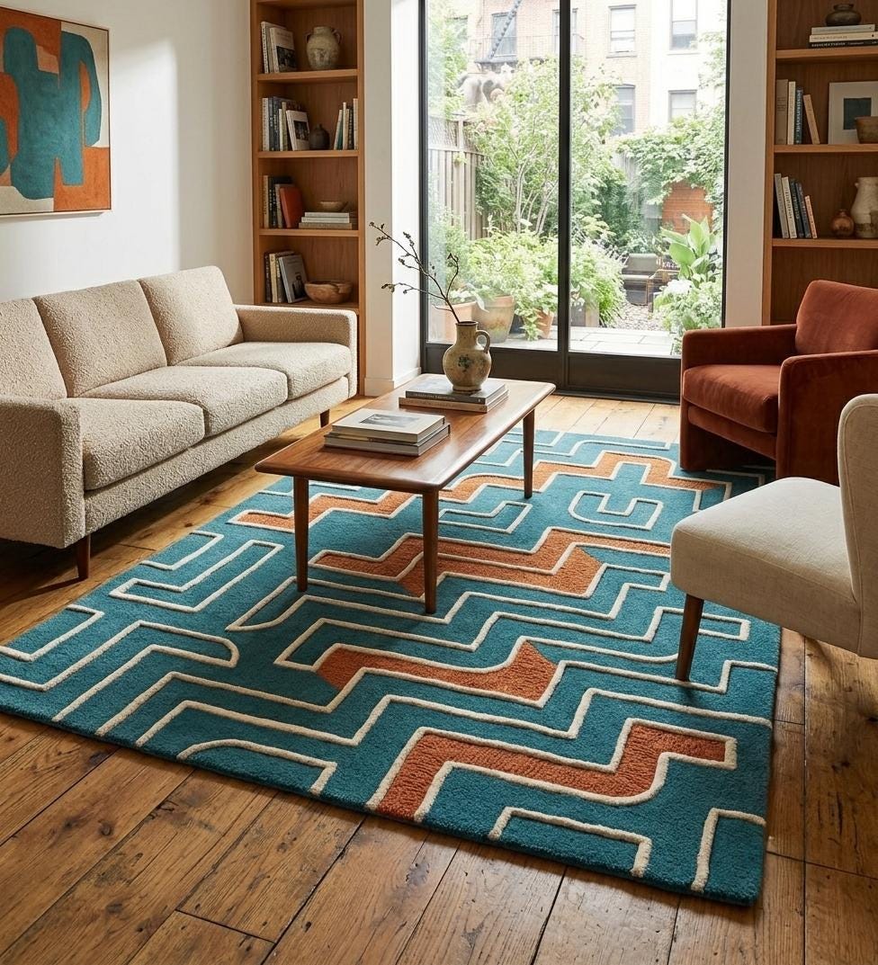 Terracotta and Teal Mid Century Wool Rug – Hand Tufted Retro Rug – image 1