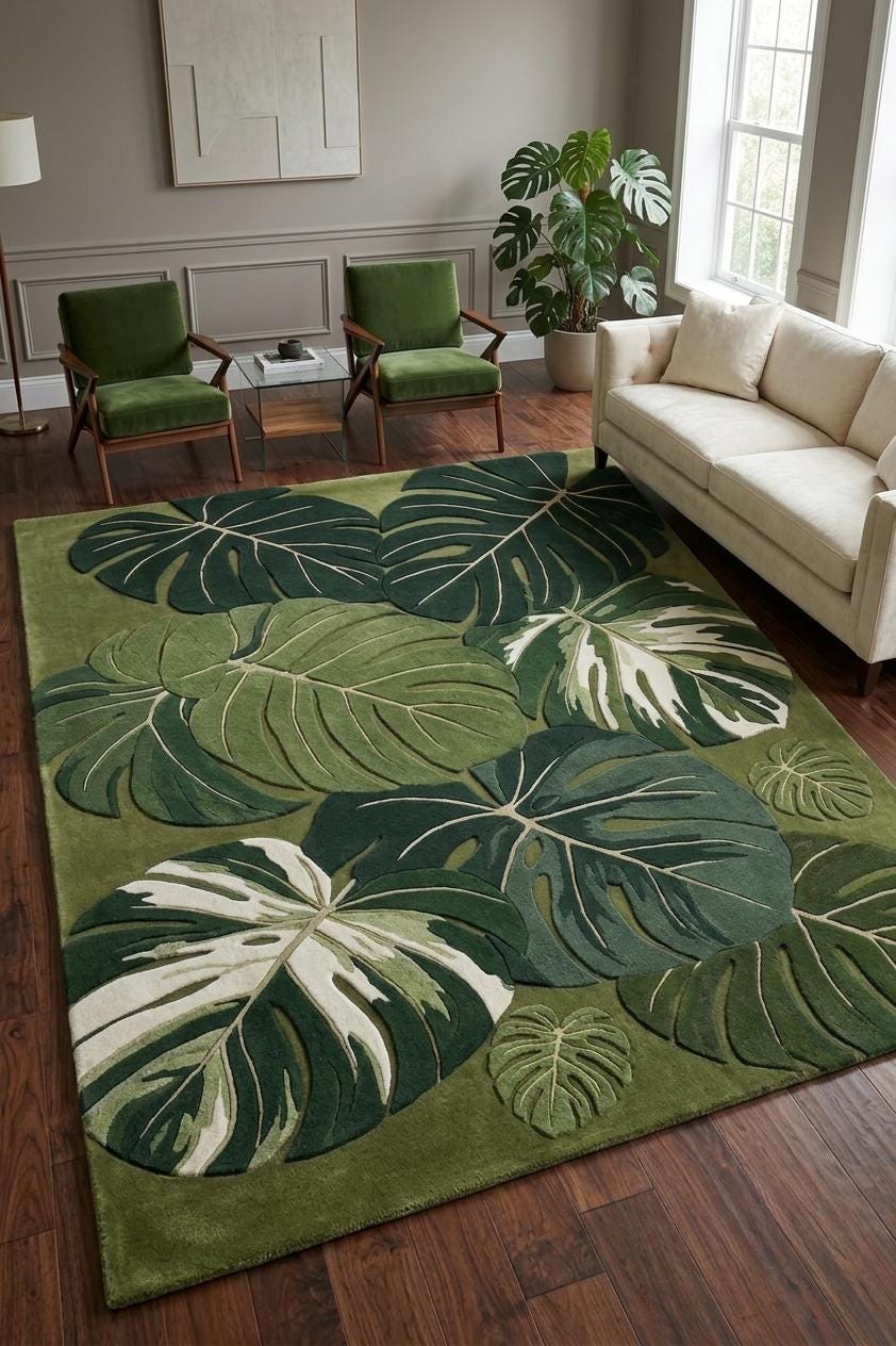Monstera Leaf Wool Rug – Hand Tufted 3D Carved Tropical Rug – image 1
