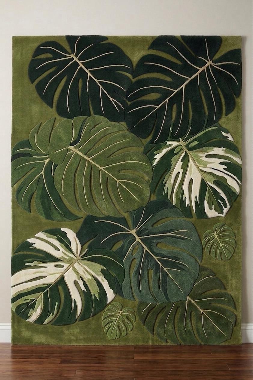 Monstera Leaf Wool Rug – Hand Tufted 3D Carved Tropical Rug – image 5