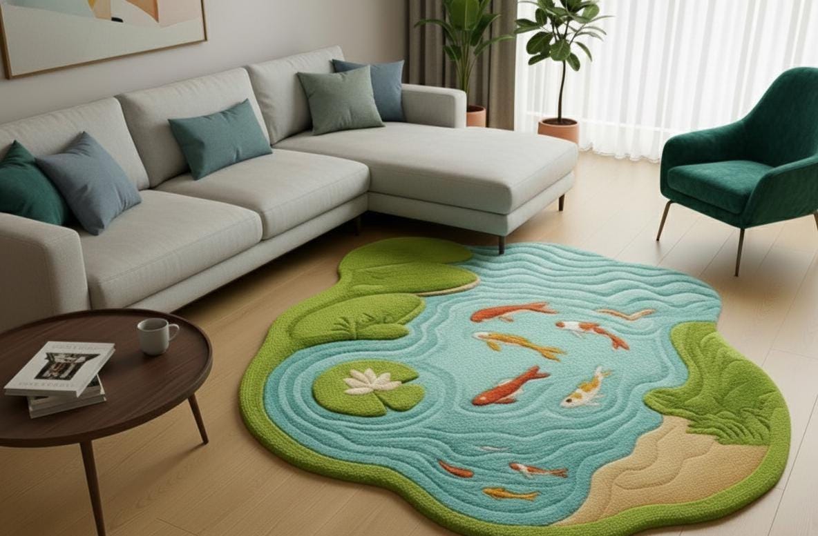 Koi Pond and Lily Pad Wool Rug – Hand Tufted Japanese Garden Rug – image 1