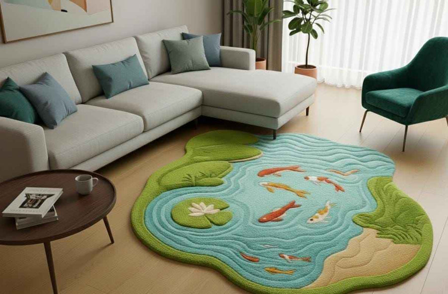 Koi Pond and Lily Pad Wool Rug – Hand Tufted Japanese Garden Rug