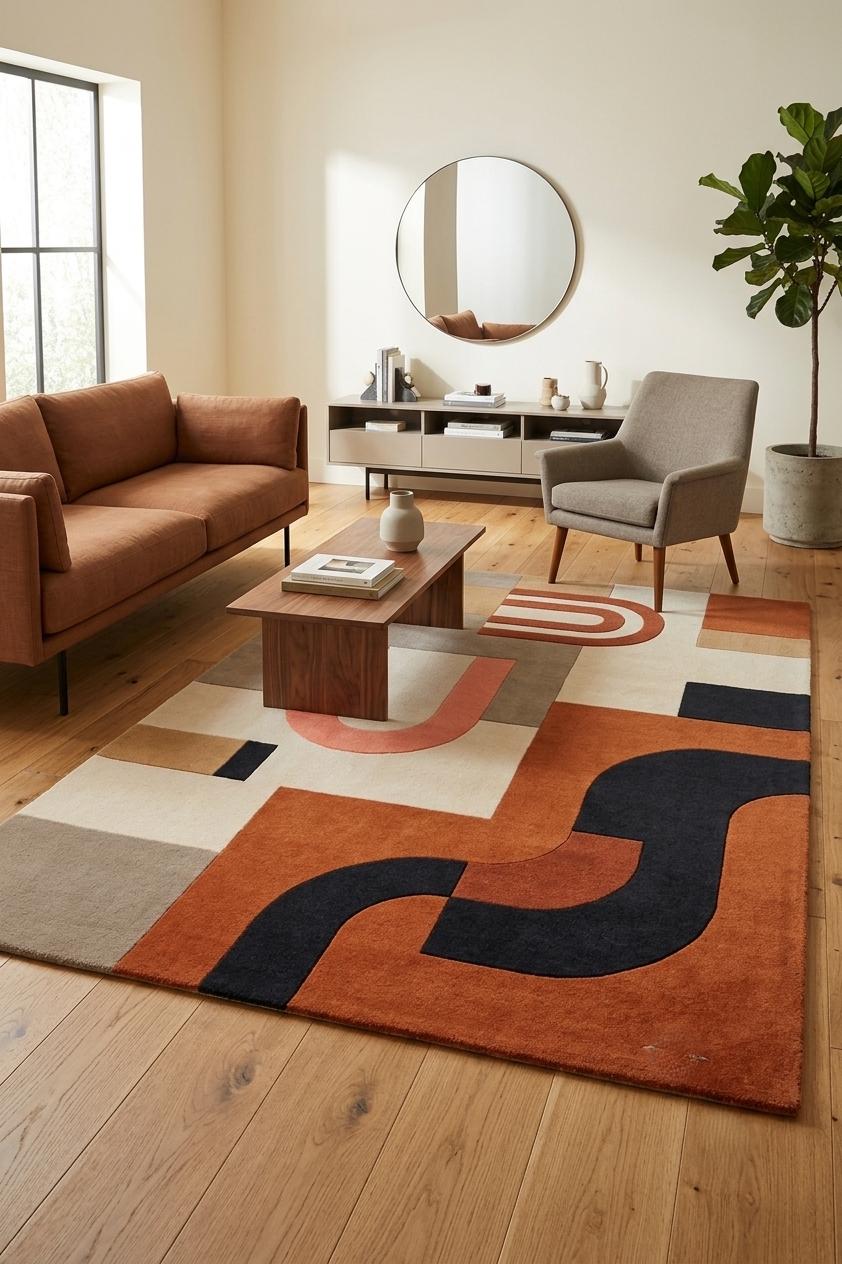 Terracotta and Navy Geometric Runner – Hand Tufted Wool Hallway Runner – image 1