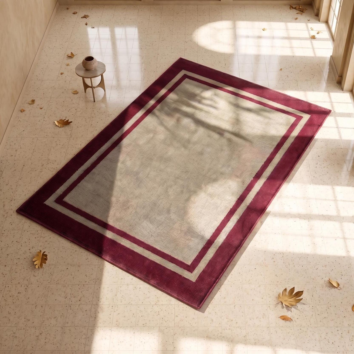 Beige and Burgundy Border Wool Rug – Hand Tufted Minimalist Rug – image 1