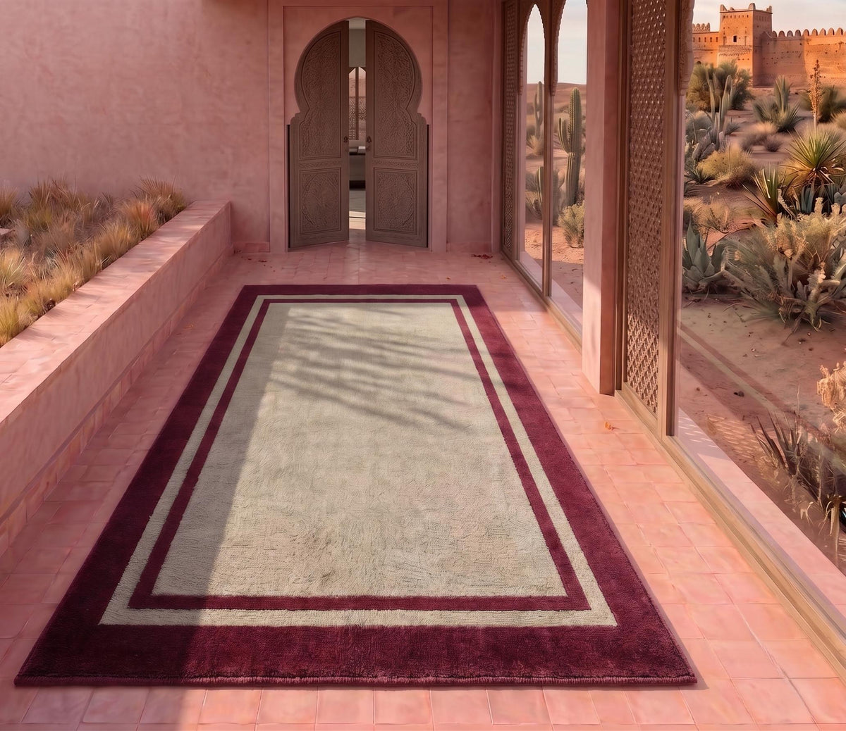 Beige and Burgundy Border Wool Rug – Hand Tufted Minimalist Rug – image 8