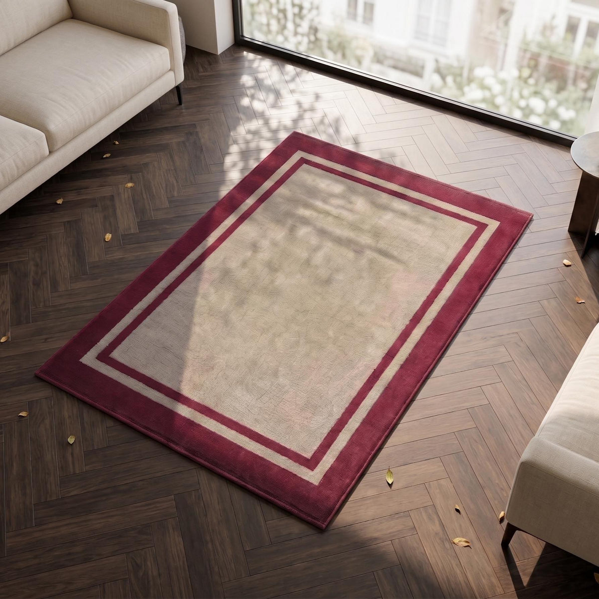 Beige and Burgundy Border Wool Rug – Hand Tufted Minimalist Rug – image 6