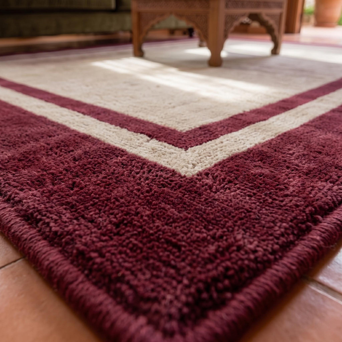 Beige and Burgundy Border Wool Rug – Hand Tufted Minimalist Rug – image 2