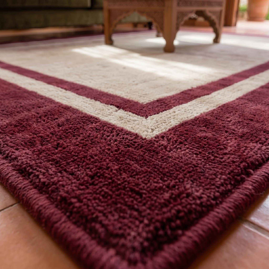 Beige and Burgundy Border Wool Rug – Hand Tufted Minimalist Rug