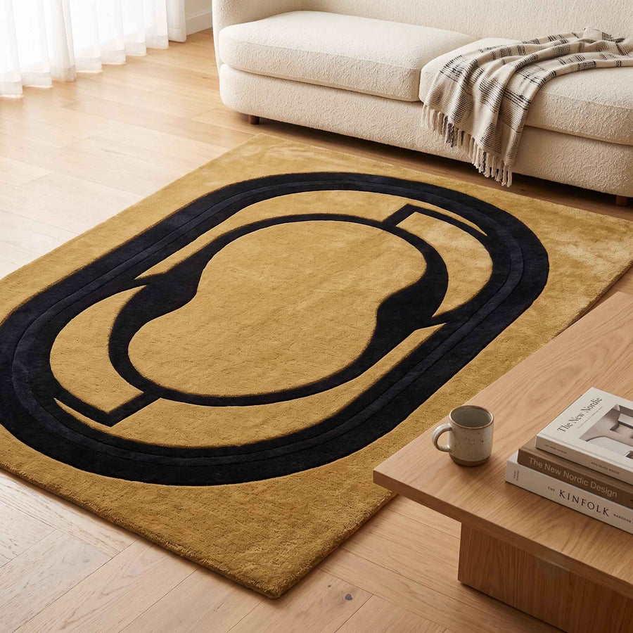 Gold Geometric Wool Rug – Hand Tufted Mid Century Modern Rug