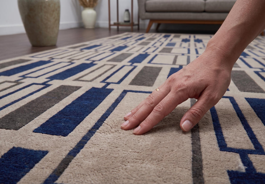 Navy and Beige Geometric Block Wool Rug – Hand Tufted Mid Century Rug – image 2