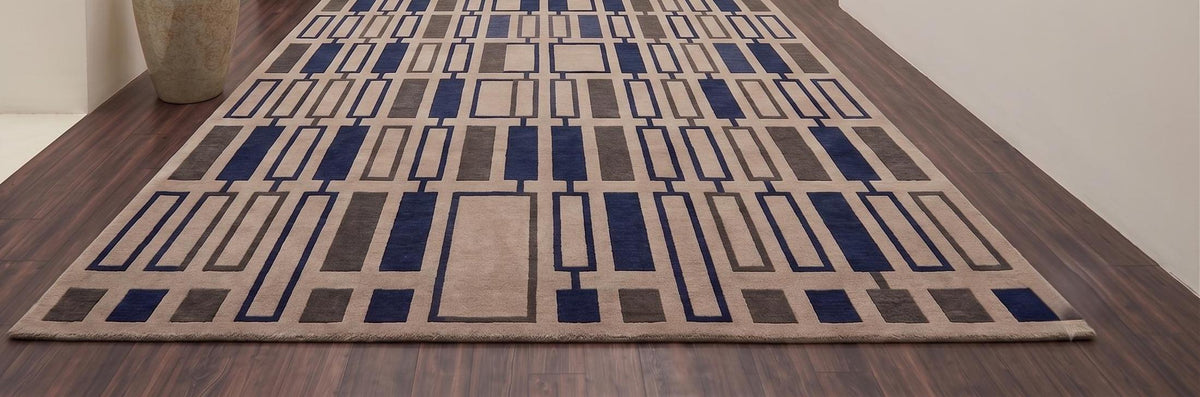 Navy and Beige Geometric Block Wool Rug – Hand Tufted Mid Century Rug – image 5