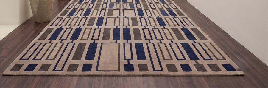 Navy and Beige Geometric Block Wool Rug – Hand Tufted Mid Century Rug – image 5