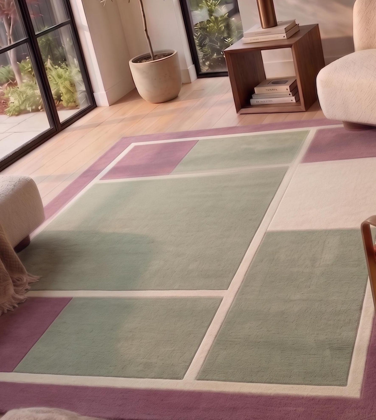 Sage Green Geometric Wool Rug – Hand Tufted Modern Living Room Rug – image 6