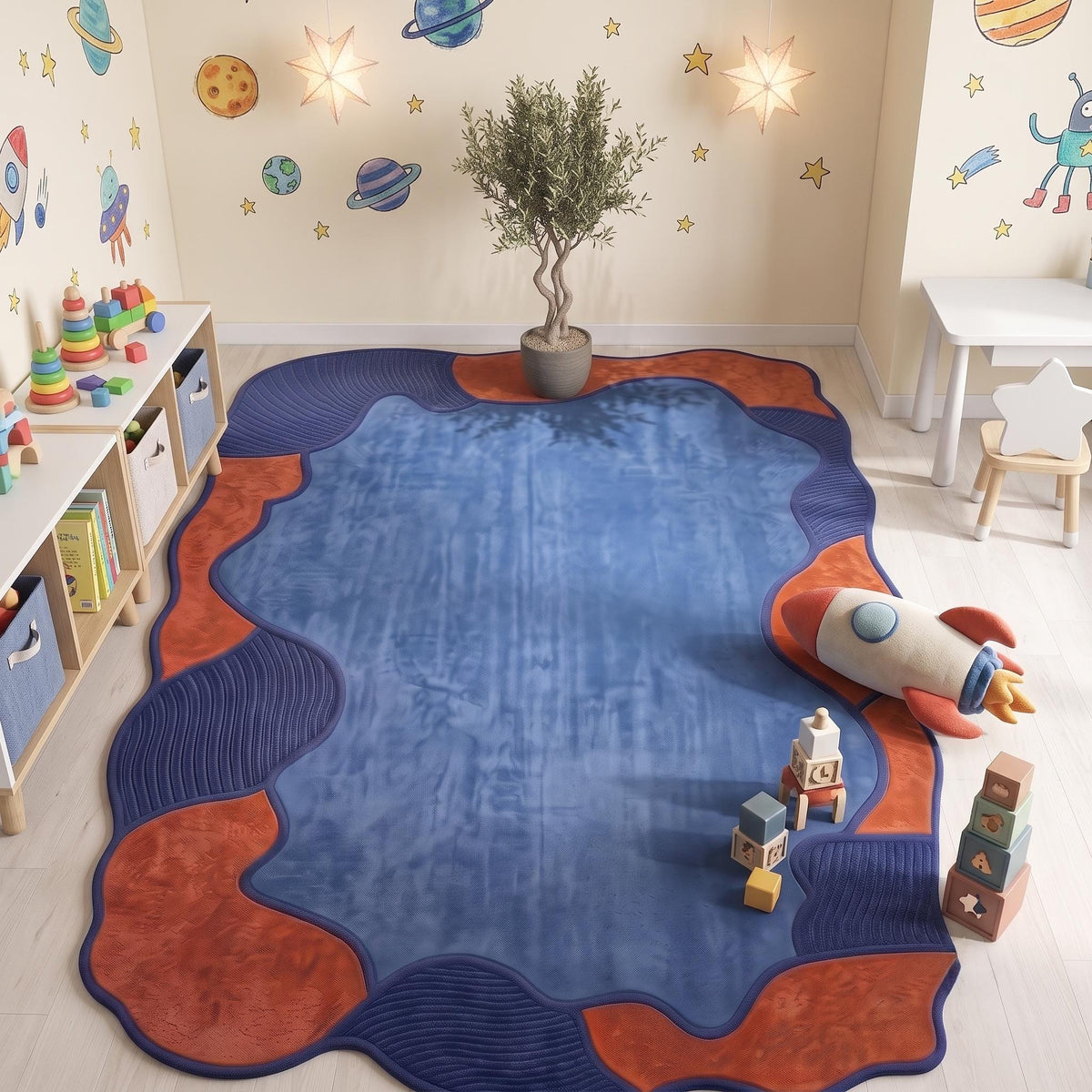 Terracotta and Blue Abstract Wool Rug – Hand Tufted Sculpted Rug – image 7