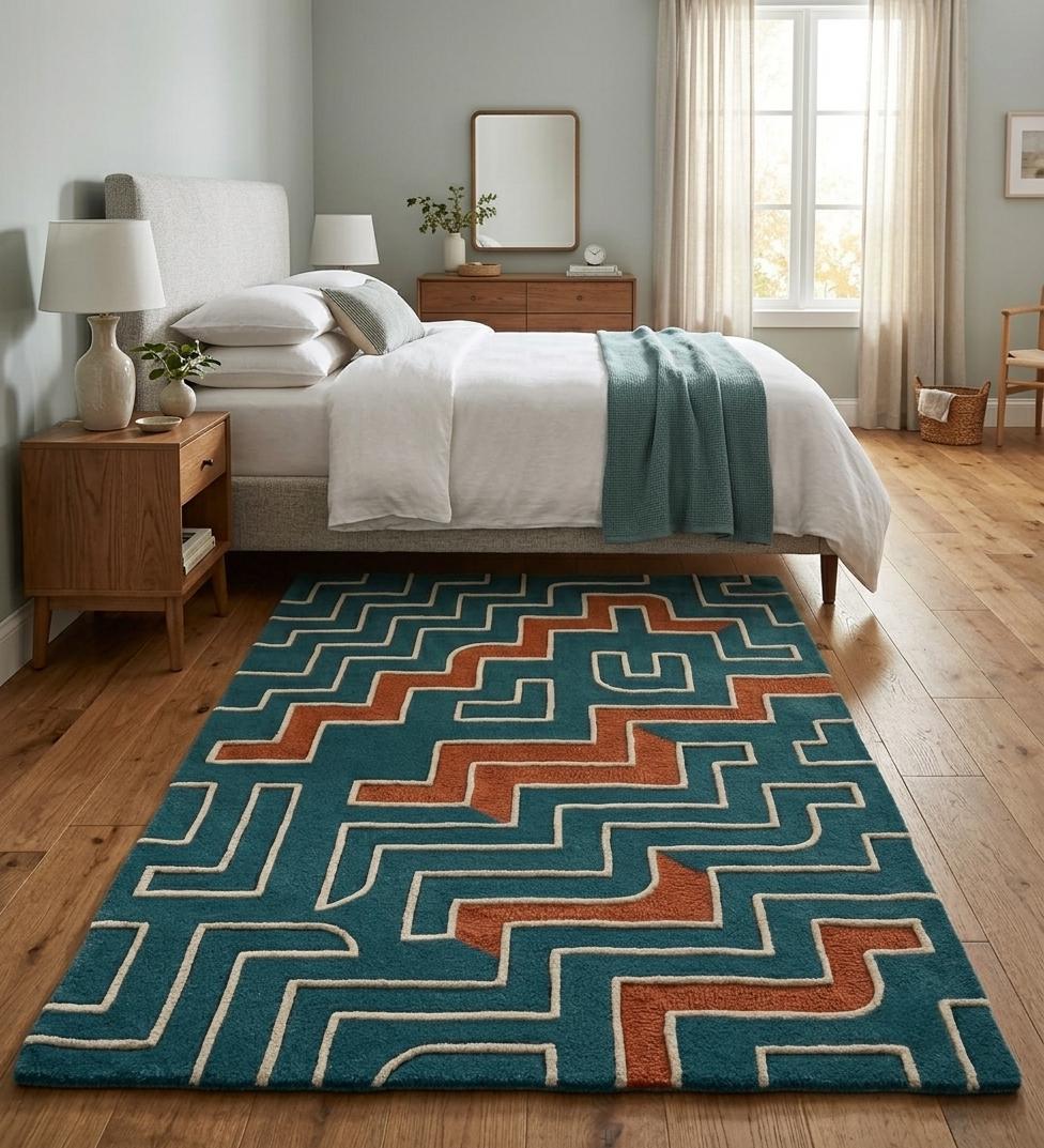 Terracotta and Teal Mid Century Wool Rug – Hand Tufted Retro Rug – image 6
