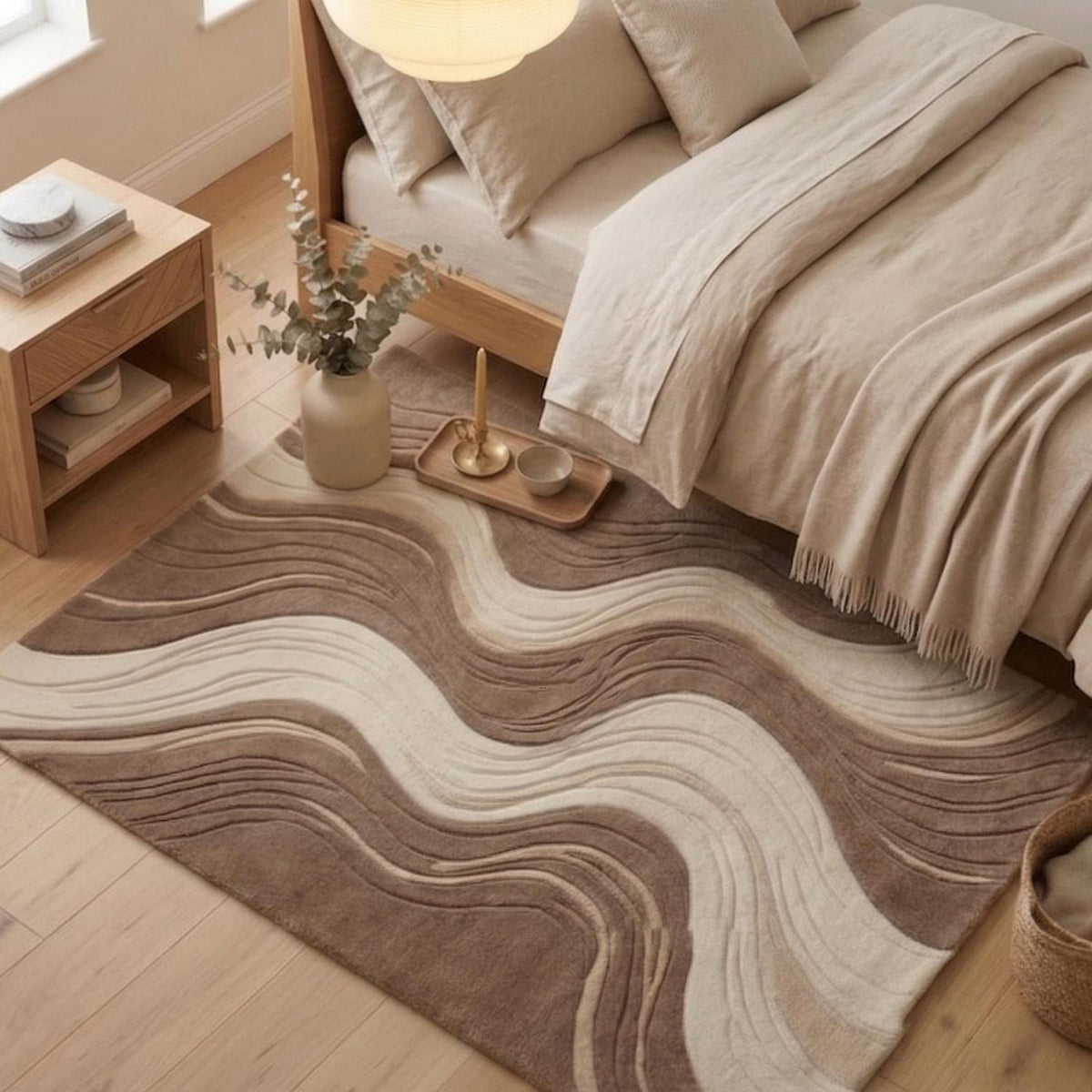 Cream and Taupe Wave Rug – Hand Tufted Boho Wool Area Rug – image 1