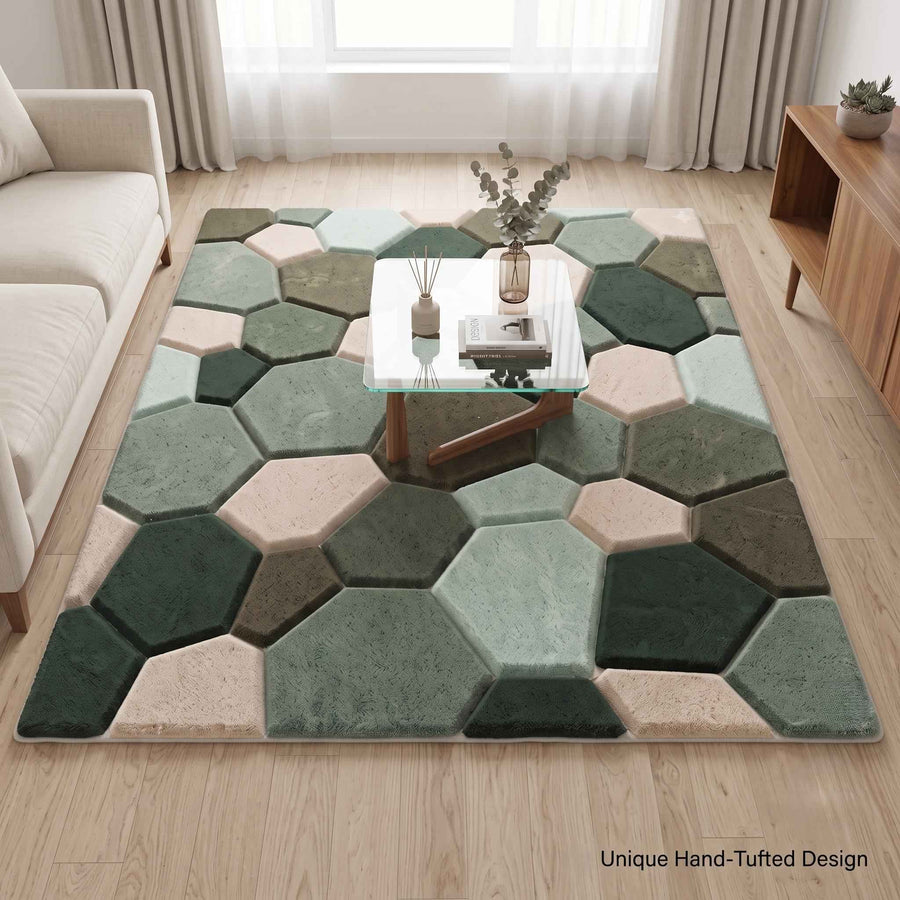 Sage Green Geometric Pebble Rug – Hand Tufted Modern Wool Rug
