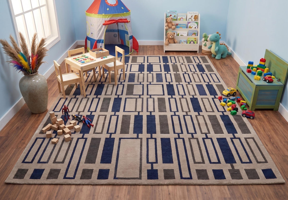 Navy and Beige Geometric Block Wool Rug – Hand Tufted Mid Century Rug – image 6