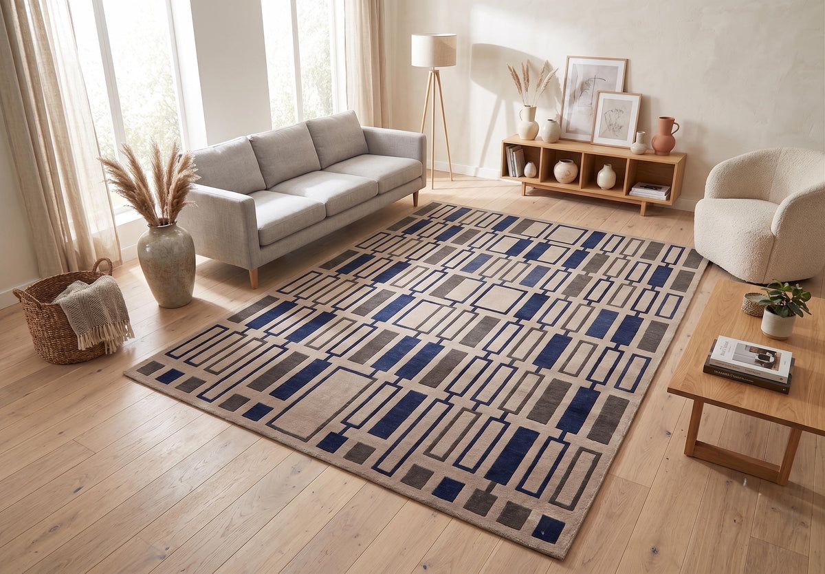 Navy and Beige Geometric Block Wool Rug – Hand Tufted Mid Century Rug – image 3