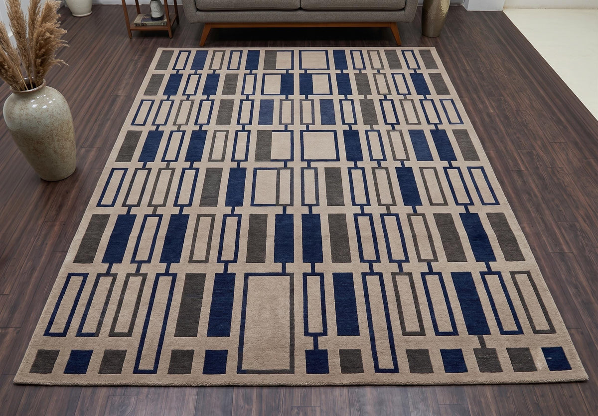 Navy and Beige Geometric Block Wool Rug – Hand Tufted Mid Century Rug – image 1