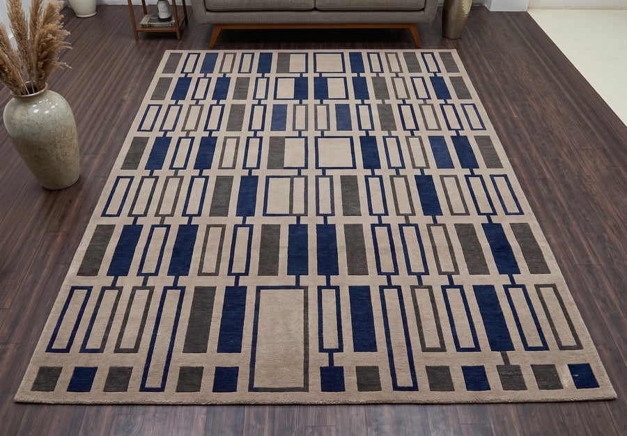 Navy and Beige Geometric Block Wool Rug – Hand Tufted Mid Century Rug – image 1