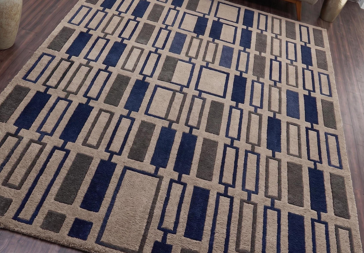 Navy and Beige Geometric Block Wool Rug – Hand Tufted Mid Century Rug – image 4