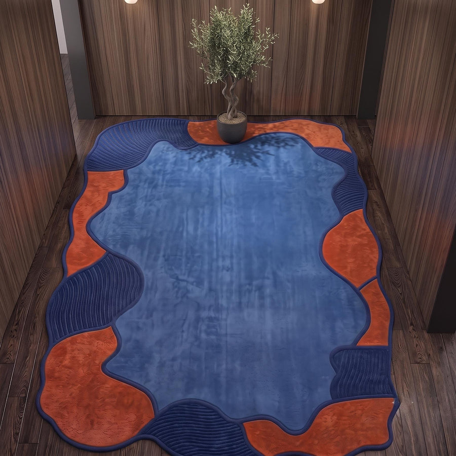 Terracotta and Blue Abstract Wool Rug – Hand Tufted Sculpted Rug – image 4